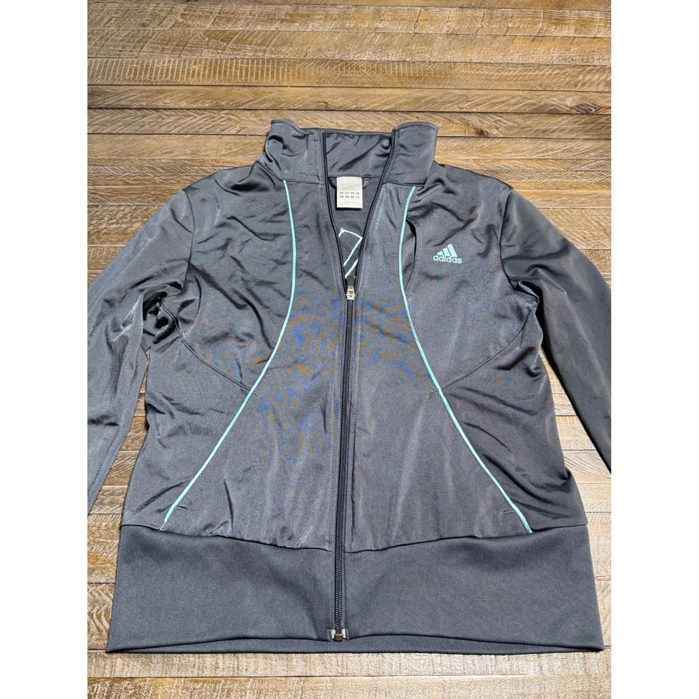 Adidas Track Jacket Women Medium Grey Teal Zip Up Athletic Sporty Logo Preloved